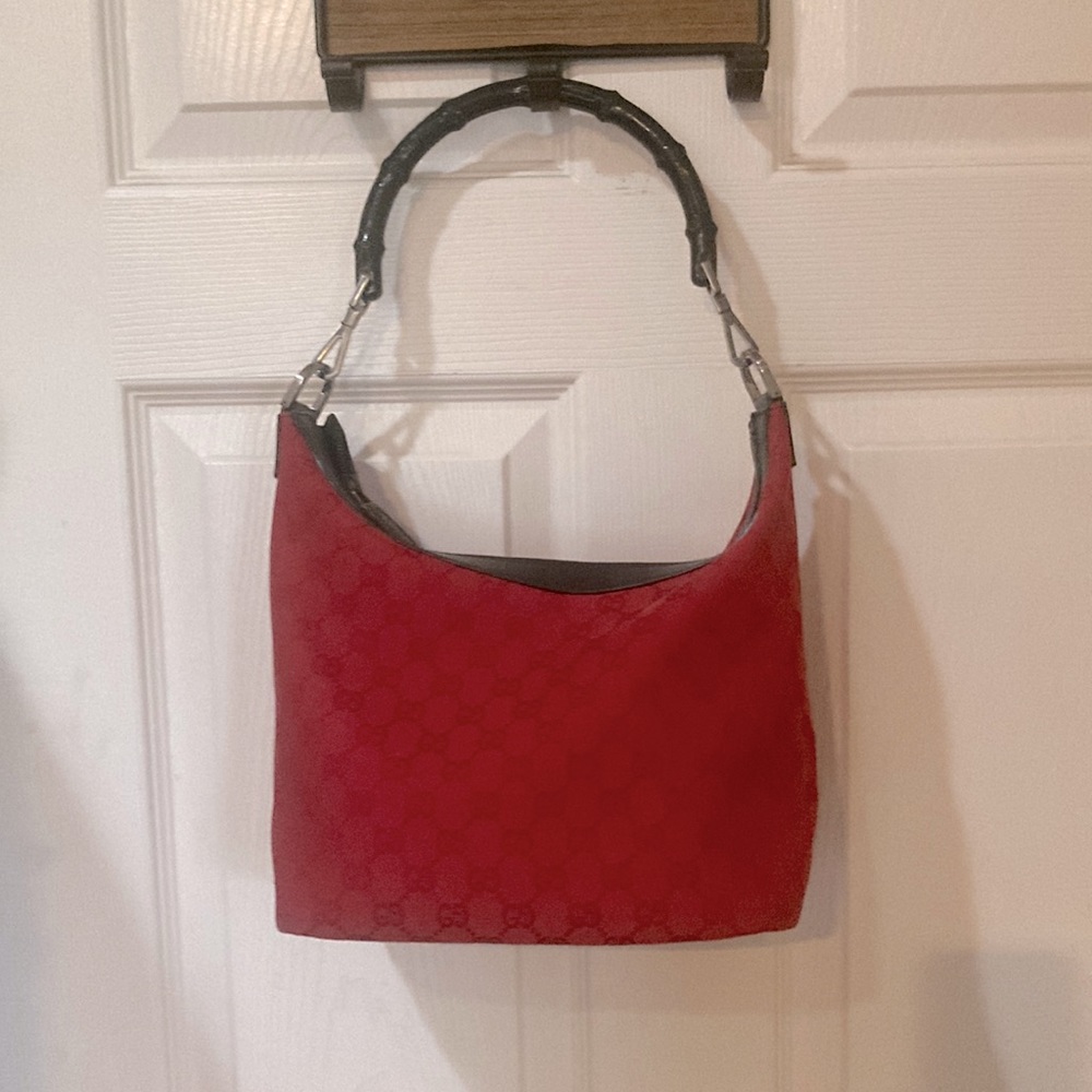 Gucci Red GG Canvas Shoulder Bag Leather Cloth Bamboo handle